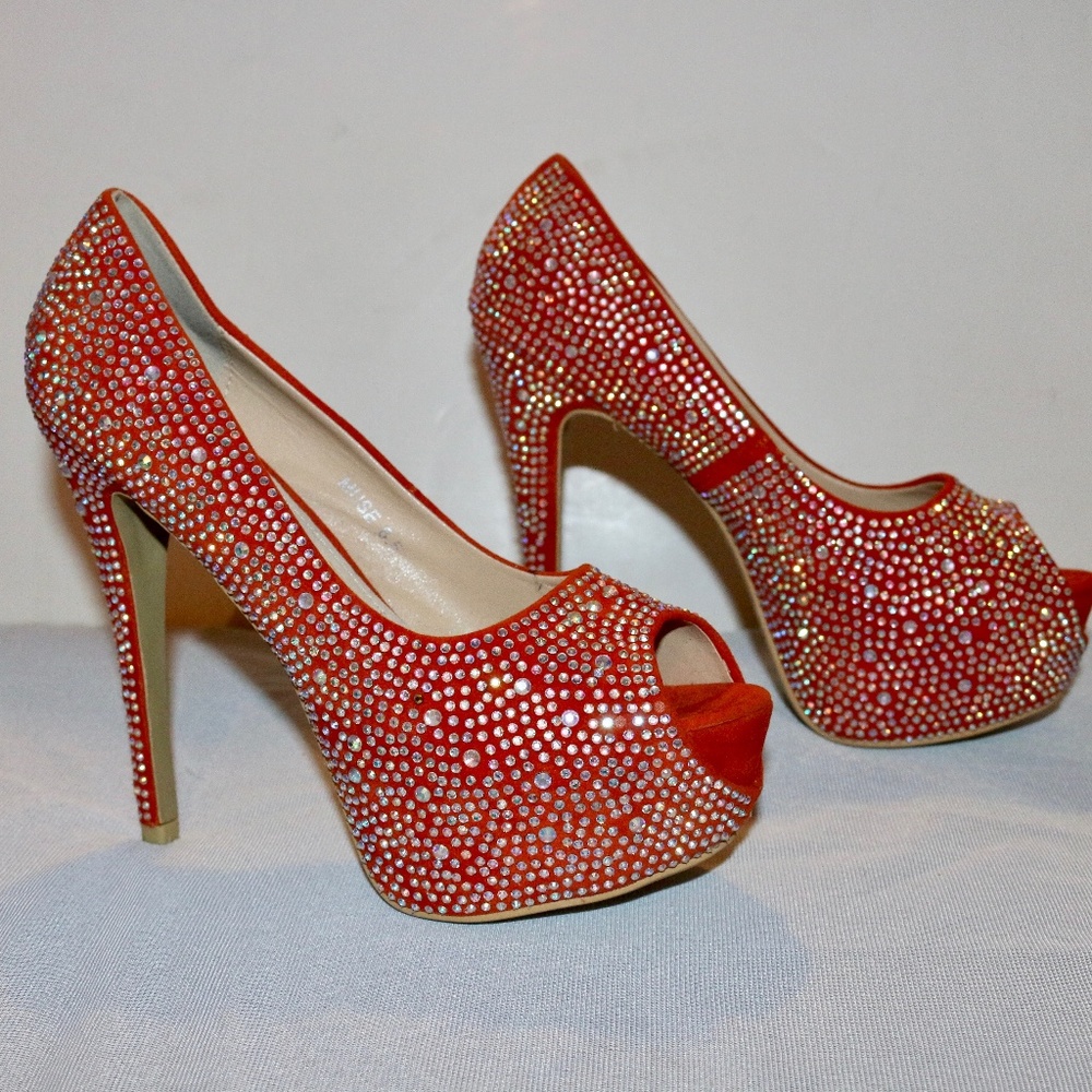 Kiss Kouture Blood Orange Studded Peep Toe Pumps